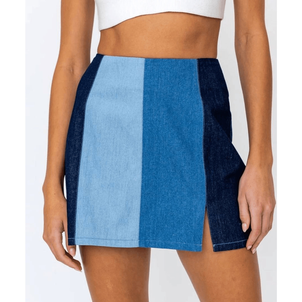 Fashion on Earth Blue Light Denim Colorblock Mini Skirt Small (7090)